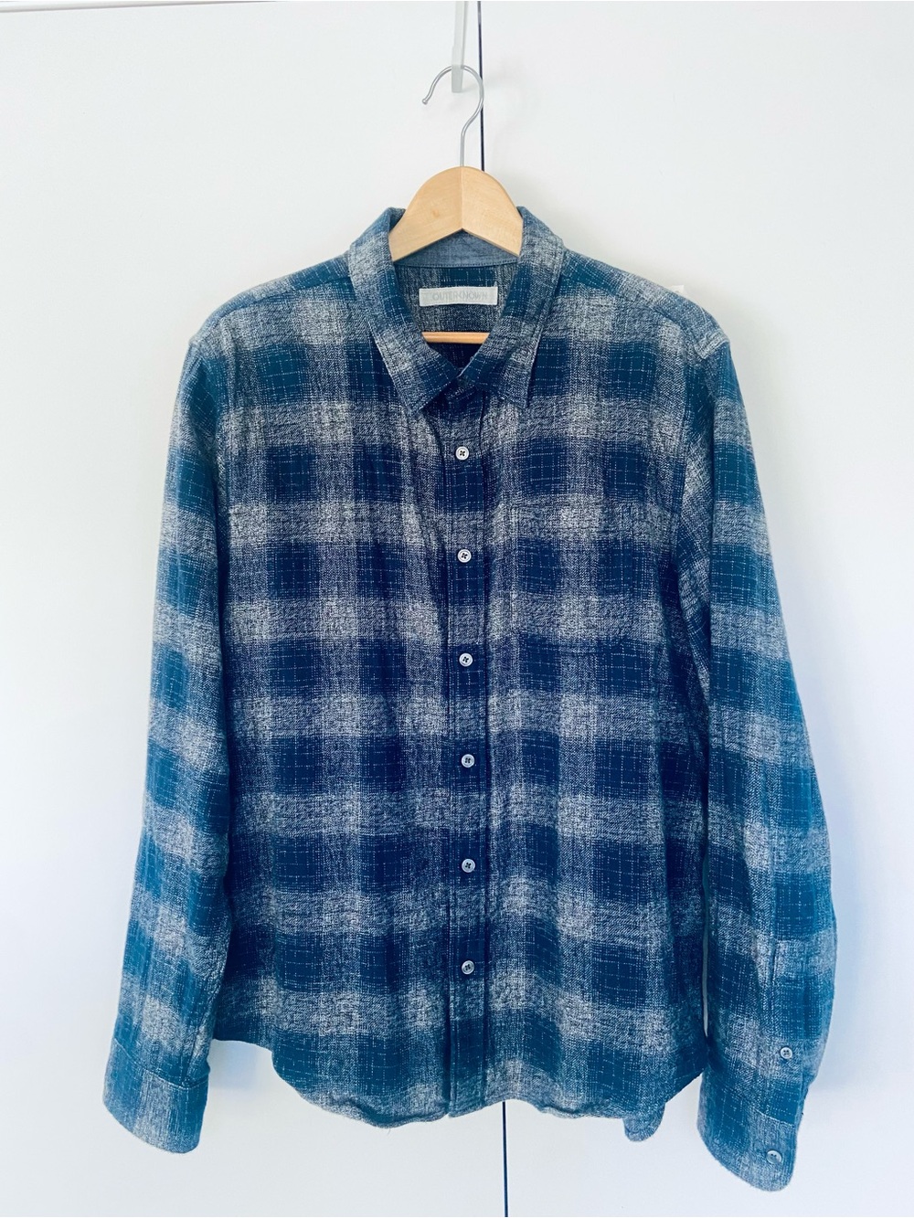 OUTERKNOWN Jaspe Organic Cotton Flannel Shirt Large Marine Rockypoint Plaid EUC
